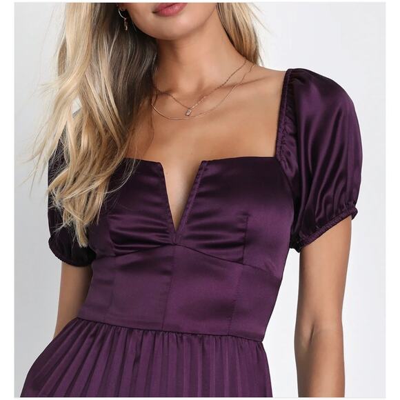 New! Lulus Flawless Forever Dark Purple Satin Pleated Midi Dress Sz Large #64 - Picture 3 of 4
